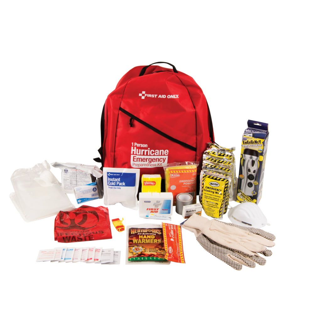 First Aid Only Emergency Preparedness Hurricane Backpack, 1 Person, Red, 45 Pieces MPN:91054