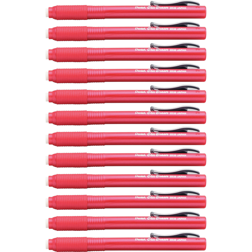 Pentel Rubber Grip Clic Eraser - Red Barrel - Pen - Refillable - 12 / Box - Retractable, Latex-free Grip, Pocket Clip, Ghost Resistant, Non-abrasive MPN:ZE22BBX