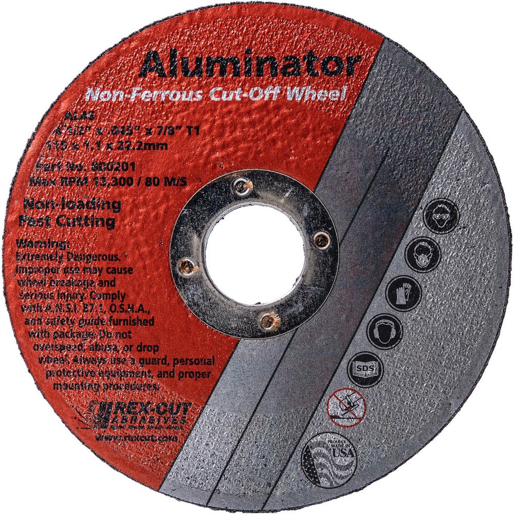 Cutoff Wheels, Wheel Diameter (Inch): 4 , Wheel Thickness (Inch): 0.045 , Hole Size (Inch): 5/8 , Abrasive Material: Aluminum Oxide , Reinforced: Reinforced  MPN:800200