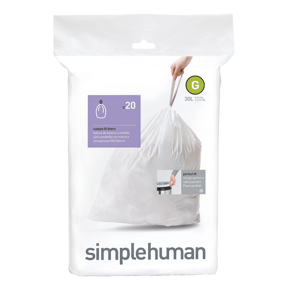 simplehuman Custom Fit Can Liners, G, 0.3 mil, 8 Gallons, White, Pack Of 240 Liners MPN:CW0257
