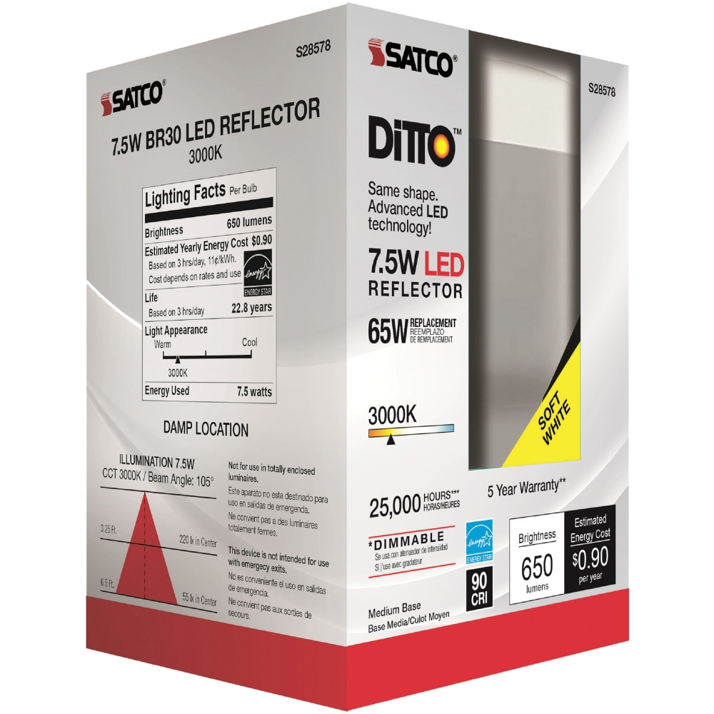 Satco 7.5W BR30 LED Bulb - 7.50 W - 65 W Incandescent Equivalent Wattage - 120 V AC - 650 lm - BR30 Size - Frosted White - Warm White Light Color - E26 Base - 25000 Hour - 4940.3 deg.F (2726.8 deg.C) Color Temperature - 93 CRI MPN:S28578CT