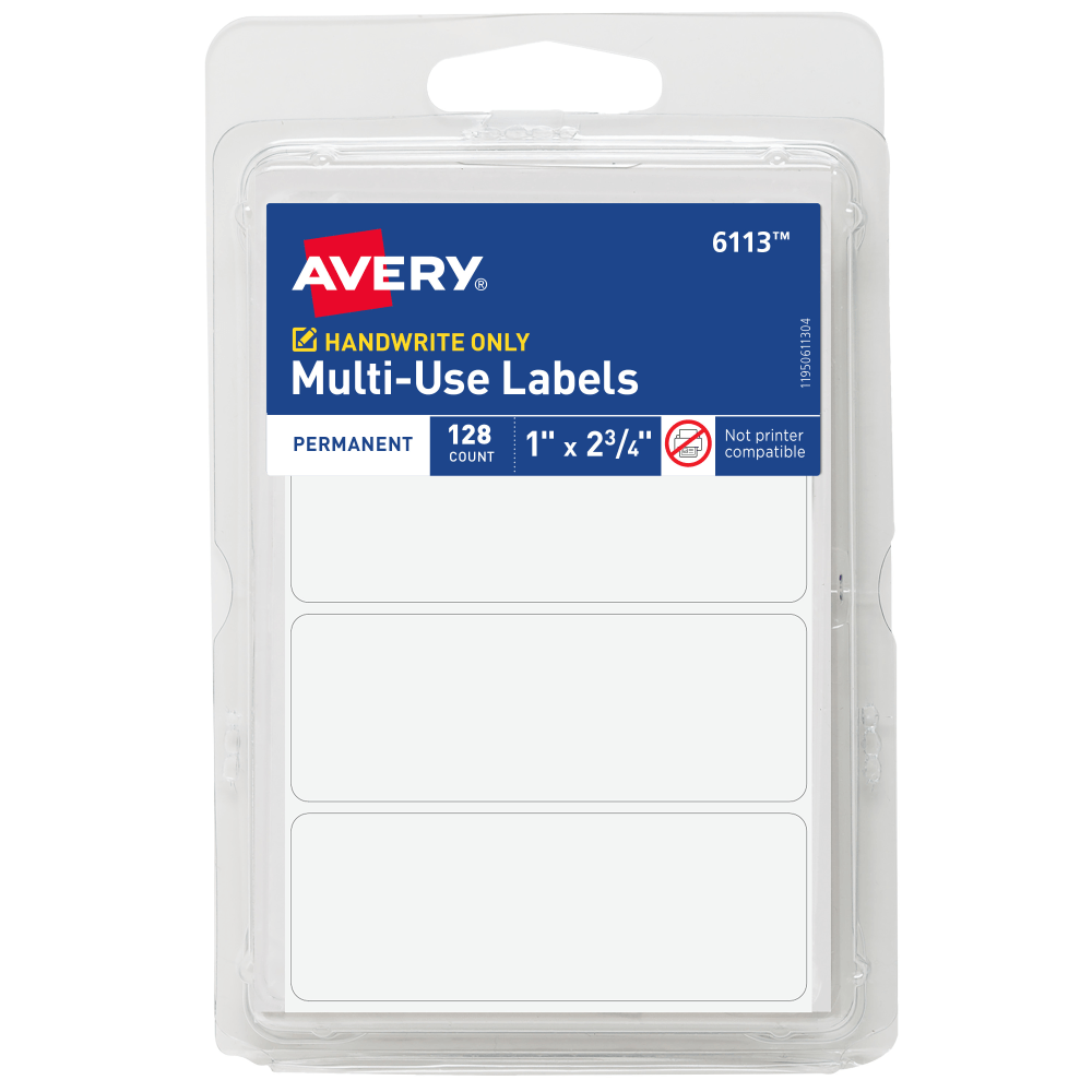 Avery Multi-Use Permanent Labels, 6113, 1in x 2-3/4in Rectangle, White, Pack Of 128 Labels MPN:6113