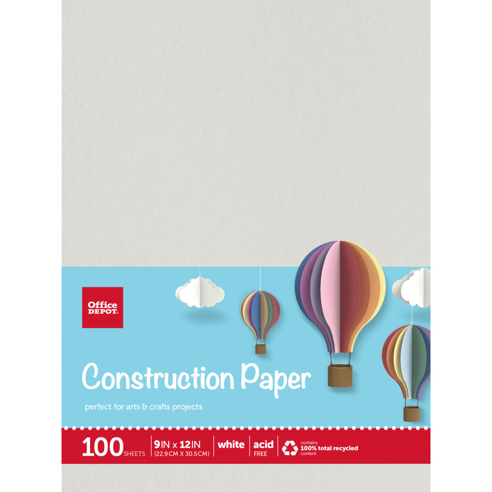 Office Depot Brand Construction Paper, 9in x 12in, 100% Recycled, White, Pack Of 100 Sheets MPN:SI/1028C