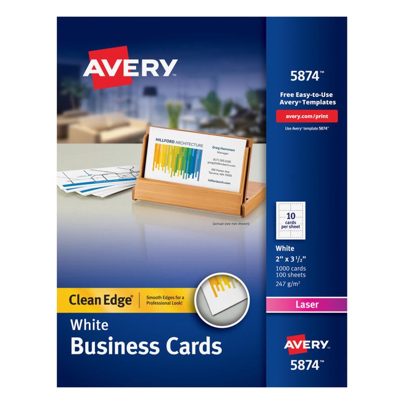Avery Clean Edge Printable Business Cards With Sure Feed Technology For Laser Printers, 2in x 3.5in, White, 1,000 Blank Cards (Min Order Qty 2) MPN:5874