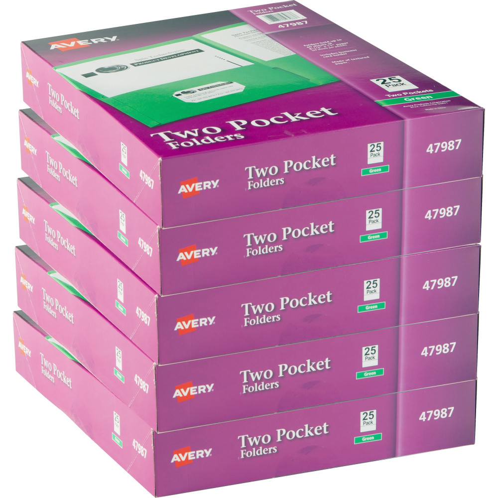 Avery Letter Pocket Folder - 8 1/2in x 11in - 40 Sheets Capacity - 2 Internal Pocket - Embossed Paper - Green - Embossed - 25/Box - 5 / Carton MPN:47987CT