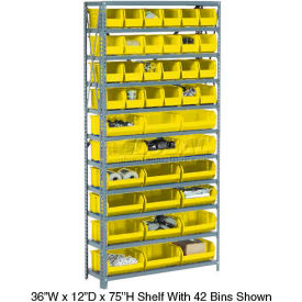 GoVets™ Steel Open Shelving - 17 Yellow Plastic Stacking Bins 6 Shelves - 36x12x39 244YL603