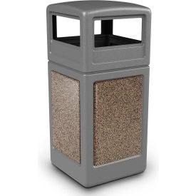 PolyTec™ Square Waste Container w/Dome Lid Gray w/Riverstone Stone Panels 42-Gallon 720445K