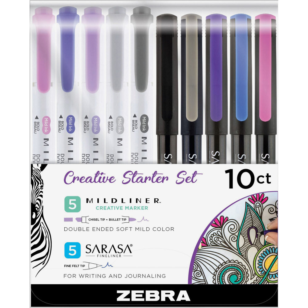 Zebra Pen SARASA/MILDLINER Creative Starter Set, Assorted Sizes, Assorted Ink Colors, 10/Set MPN:10015