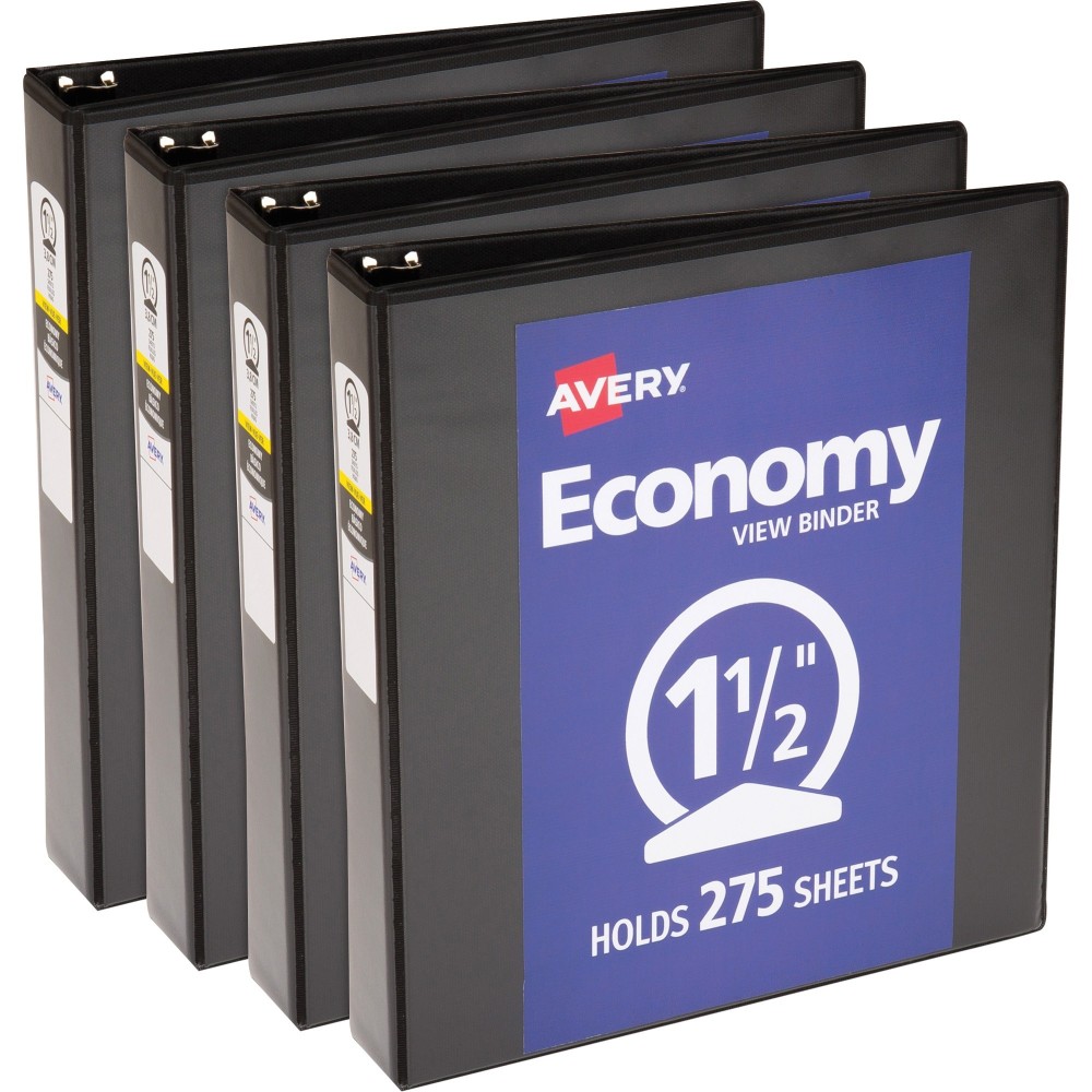 Avery Economy View Binder, 1 1/2in Ring, 8 1/2in x 11in, Black, Pack Of 4 MPN:05725BD