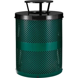 GoVets™ Outdoor Perforated Steel Trash Can With Rain Bonnet Lid 36 Gallon Green 927GN261