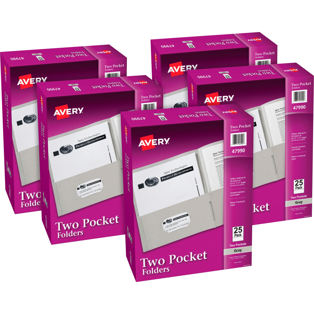 Avery Letter Pocket Folder - 8 1/2in x 11in - 40 Sheets Capacity - 2 Internal Pocket - Embossed Paper - Gray - Embossed - 25/Box - 5 / Carton MPN:47990CT