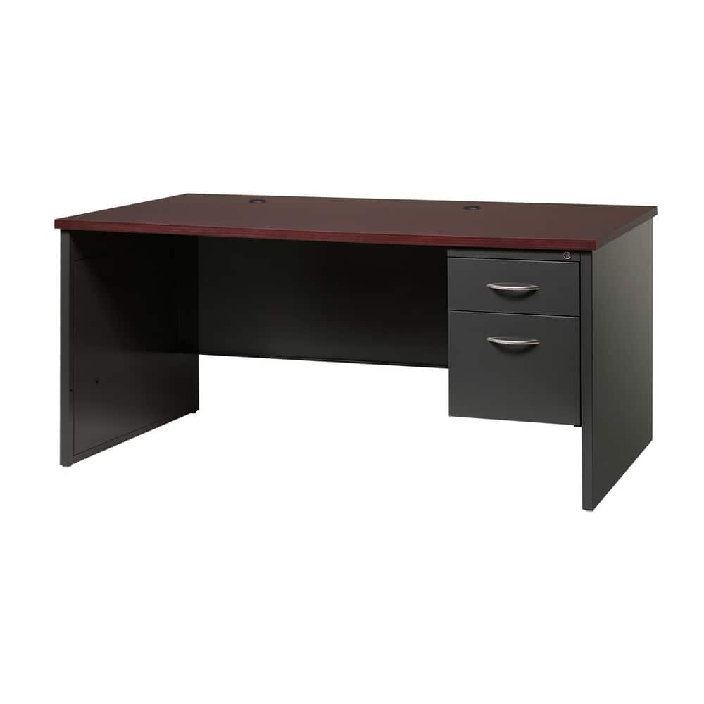 Steel Base Right Pedestal Desk: Woodgrain Laminate Top, Mahogany & Charcoal MPN:20538