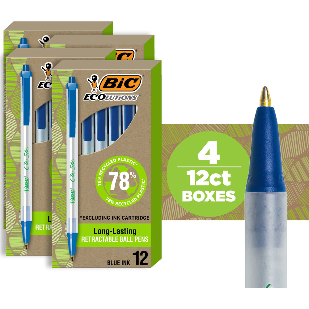 BIC Ecolutions Clic Stic Ballpoint Pen - Medium Pen Point - 1 mm Pen Point Size - Retractable - Blue - Semi Clear Barrel - 48 / Pack MPN:CSEM48BE