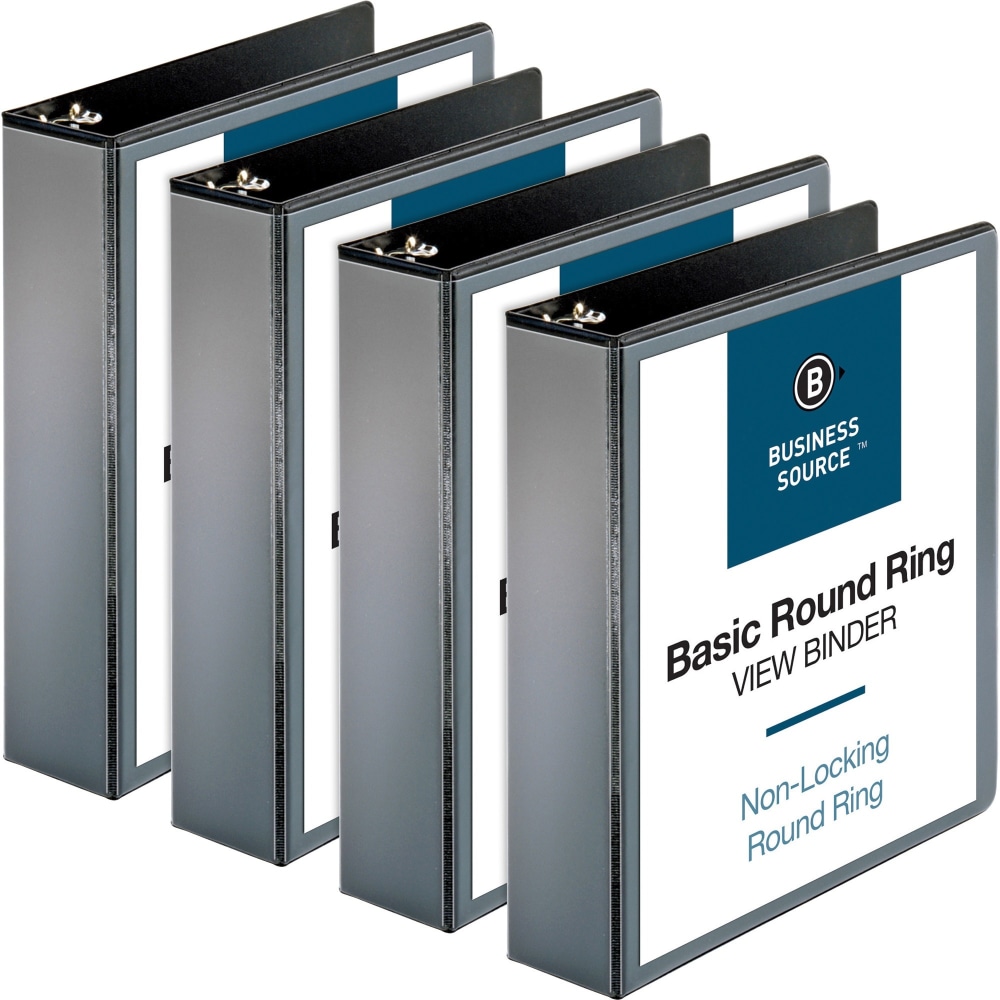 Business Source RounD-Ring View Binder, 2in Ring, 8 1/2in x 11in, Black, Pack Of 4 MPN:09956BD