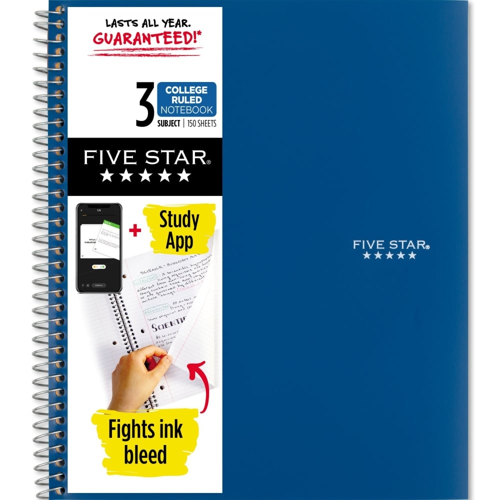 Five Star Wire-Bound Notebook, 8-1/2in x 11in, 3 Subject, College Ruled, 150 Sheets, Pacific Blue MPN:820003NH0-ECM