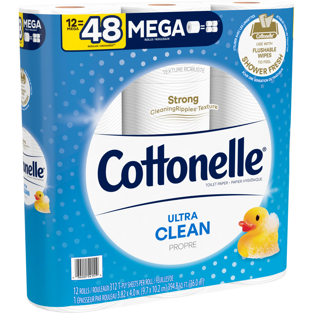 Cottonelle CleanCare 2-Ply Bathroom Tissue, 3in x 3-7/8in, White, 312 Sheets Per Roll, Pack Of 12 Rolls (Min Order Qty 3) MPN:KCC54151