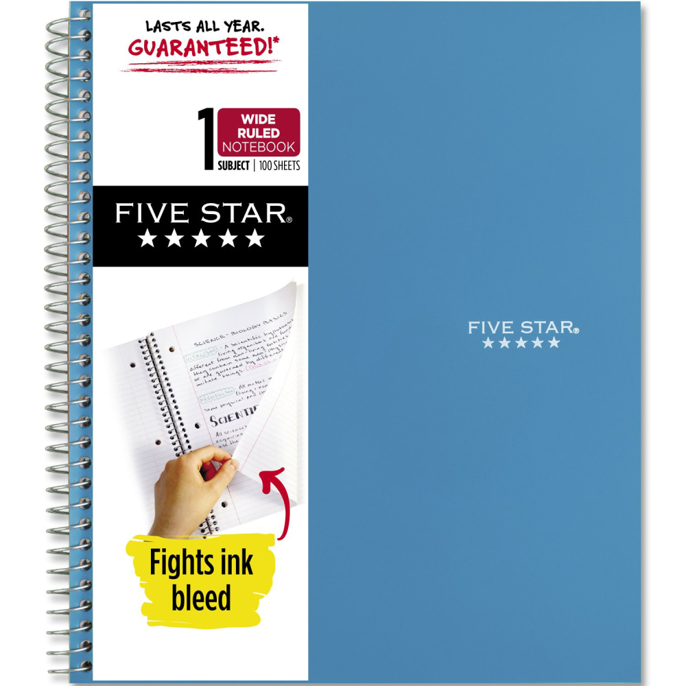 Five Star Wire-Bound Notebook, 8in x 10-1/2in, 1 Subject, Wide Ruled, 100 Sheets, Tidewater Blue (Min Order Qty 9) MPN:930010CG1-ECM
