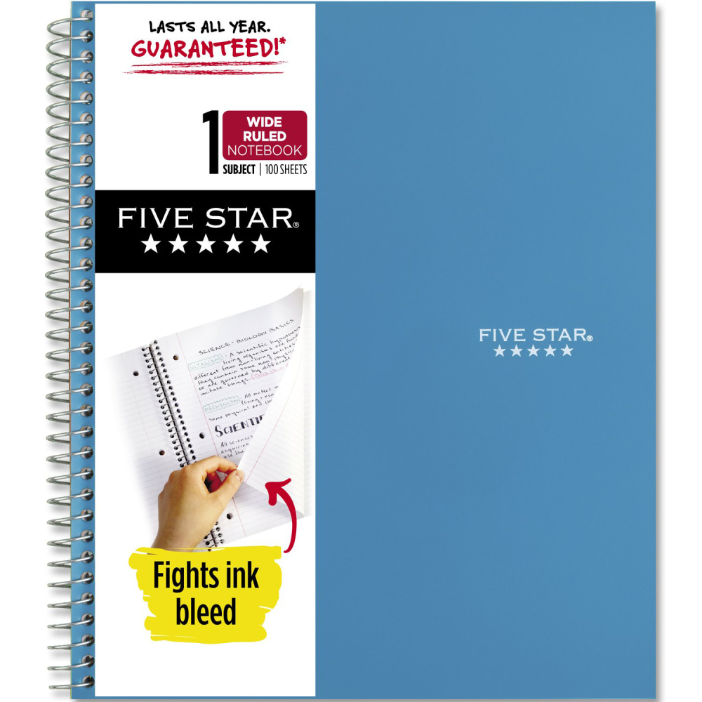 Five Star Wire-Bound Notebook, 8in x 10-1/2in, 1 Subject, Wide Ruled, 100 Sheets, Tidewater Blue MPN:930010CG1-ECM