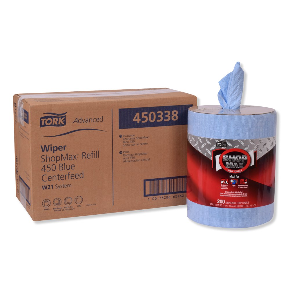 Tork Advanced ShopMax Wiper 450 Wipes, Centerfeed Refill, 9-15/16in x 13-1/8in, Blue, 200 Wipes Per Roll, Carton Of 2 Rolls MPN:450338