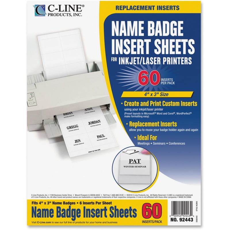 C-Line Replacement Name Badge Insert Sheets for Laser/Inkjet Printers - White, 4 x 3, 6/Sheet, 10 Sheets, 60/PK, 92443 MPN:92443