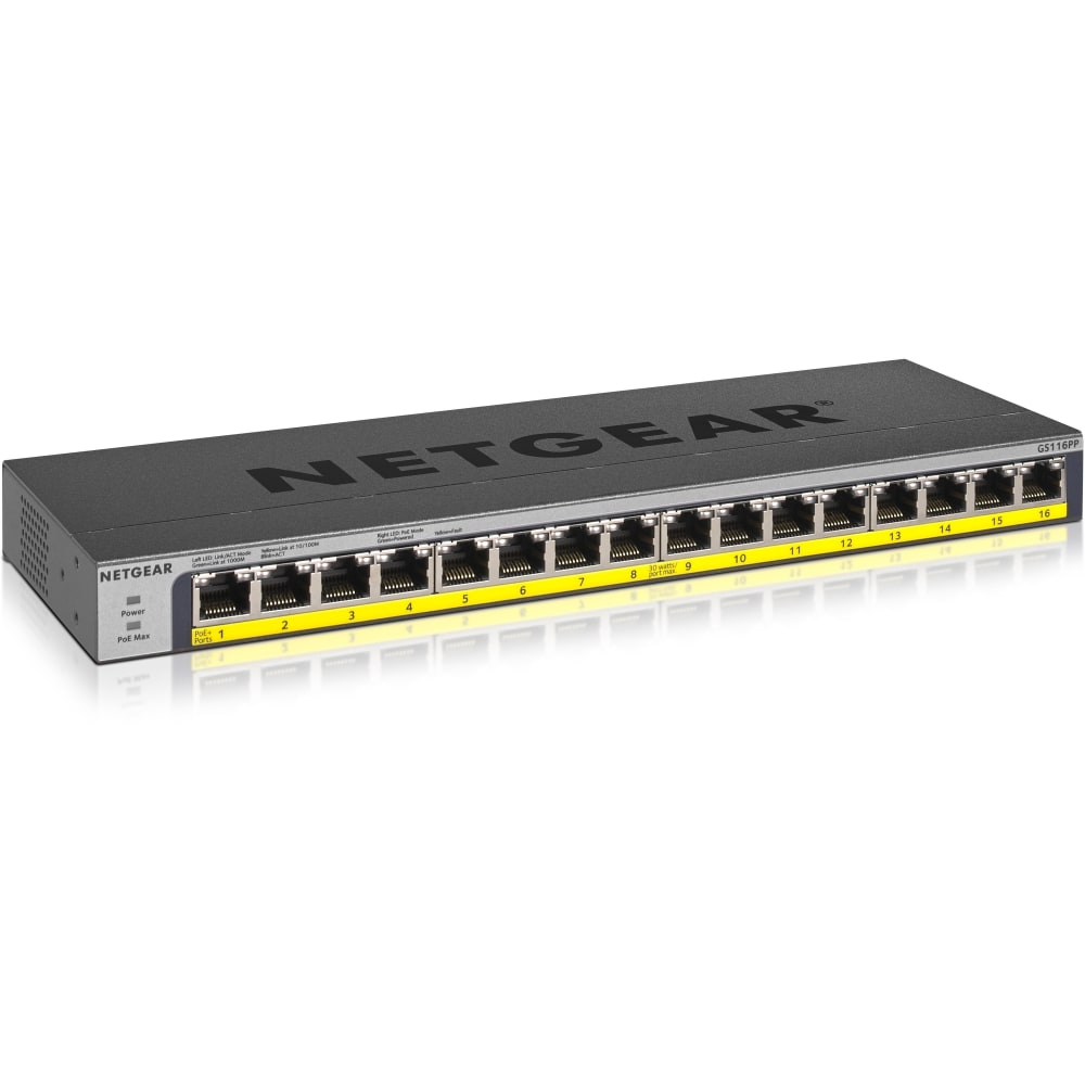 Netgear 16-Port 183W PoE/PoE+ Gigabit Ethernet Unmanaged Switch - 16 Ports - 2 Layer Supported - Twisted Pair - GS116PP100NAS MPN:GS116PP-100NAS