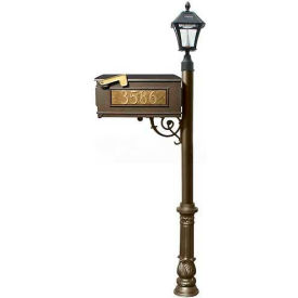 Mailbox Post (Ornate Base & Black Bayview Solar Lamp) w/3 Address Plates Support Brace Bronze LMC-700-SL-BZ