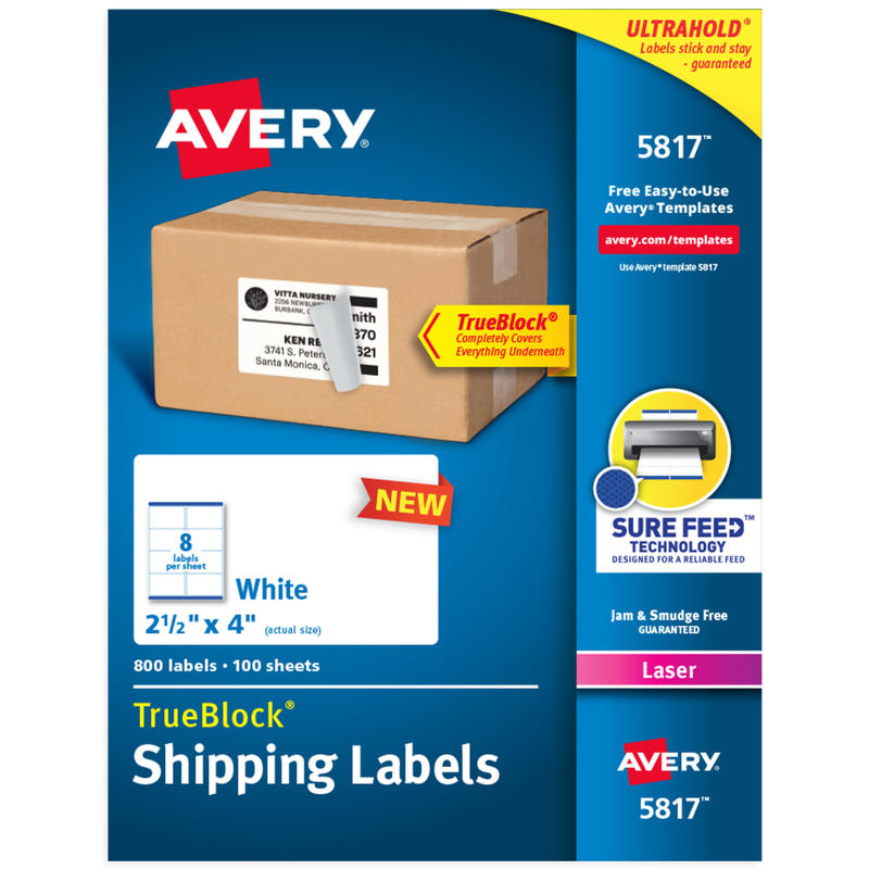 Avery TrueBlock Shipping Labels With Sure Feed Technology, 5817, Rectangle, 2.5in x 4in, White, Pack Of 800 MPN:5817