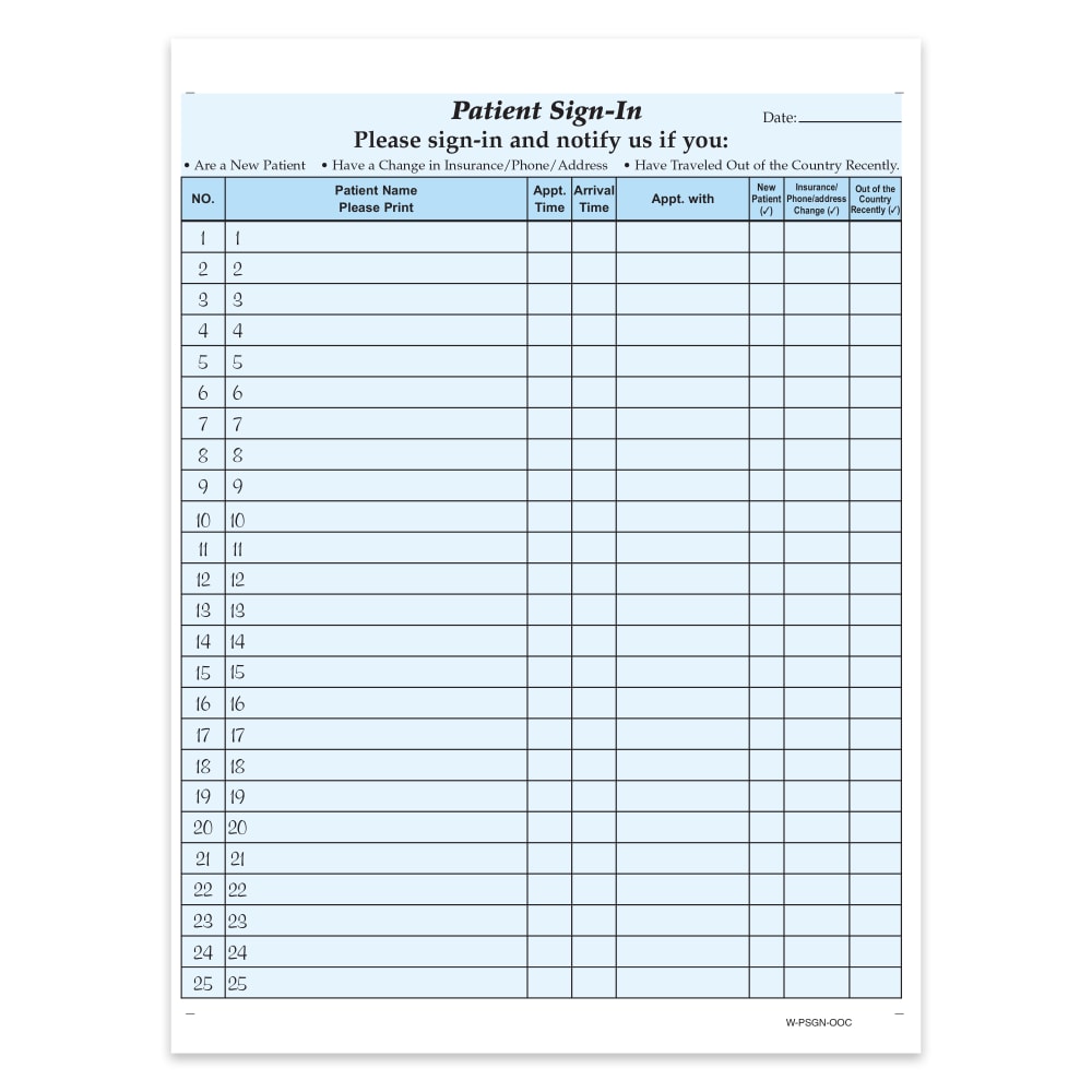 HIPAA Compliant Patient/Visitor Privacy 2-Part Sign-In Sheets, With Out-Of-Country Box, 8-1/2in x 11in, Blue, Pack Of 1, 000 Sheets MPN:W-PSGN-OOC1000