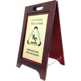 Wooden Bilingual Wet Floor Sign - Walnut Finish - Brass Plate WWF-BR - Pkg Qty 2
