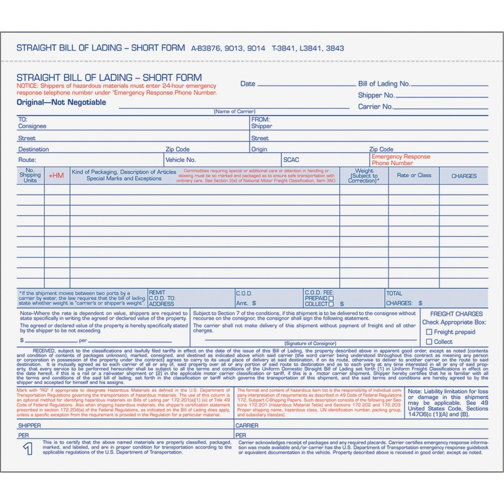 TOPS Bills of Lading Snap-Off Sets - 3 Part - Carbonless Copy - 8.50in x 7.44in Sheet Size - White Sheet(s) - Blue, Red Print Color - 1 Pack MPN:3841
