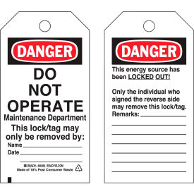 Brady® 65442 Lockout Tag- Danger Do Not Operate 2 Sided Cardstock 25/Pack 65442