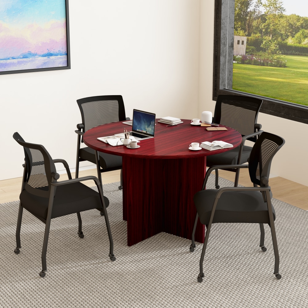 Boss Office Products 42in Round Table And Mesh Guest Chairs With Casters Set, Mahogany/Black MPN:GROUP127M-B