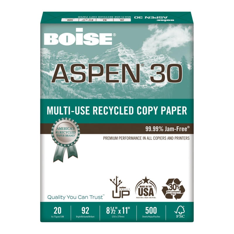 Boise ASPEN 30 Multi-Use Printer & Copier Paper, Letter Size (8 1/2in x 11in), Ream Of 500 Sheets, 92 (U.S.) Brightness, 20 Lb, 30% Recycled, FSC Certified, White (Min Order Qty 10) MPN:ASPEN 30 REAM