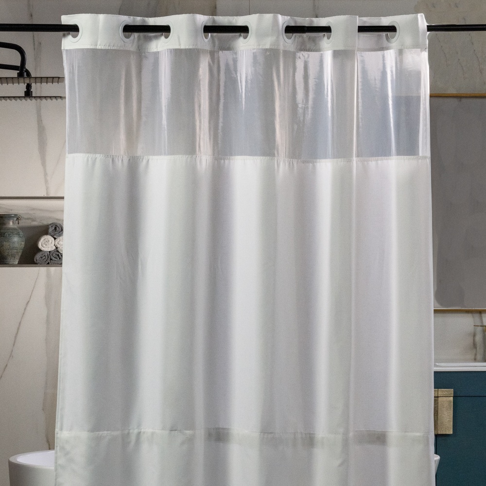 23 Threads Shower Curtain, Textured GRS Polyester, Hook-Free, With Window & Short Liner, White, 71in x 74in, Case of 12 MPN:23TSC00009