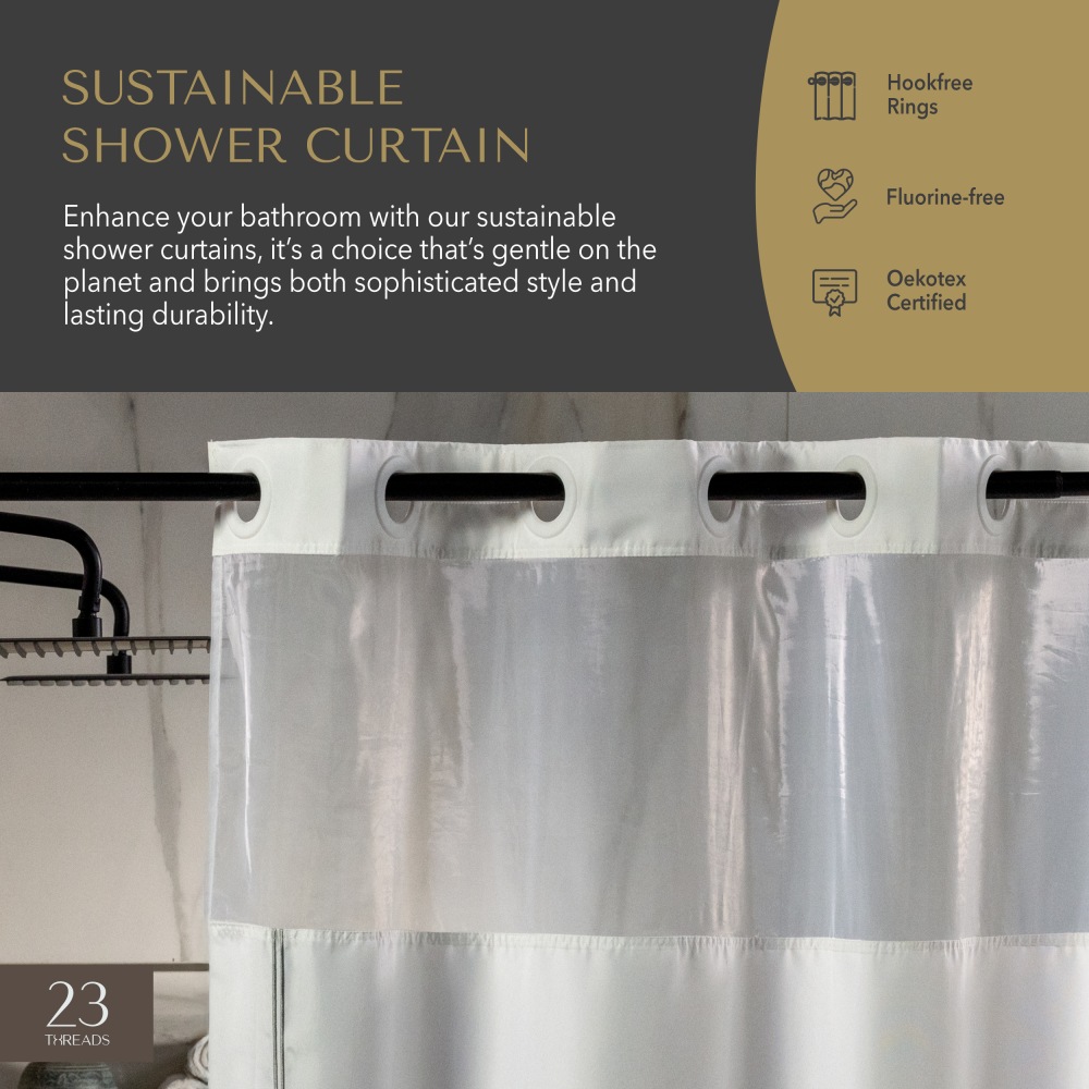 23 Threads Shower Curtain, Embroidered GRS Polyester, Hook-Free, White/Taupe, 71in x 74in, Case of 12 MPN:23TSC00010