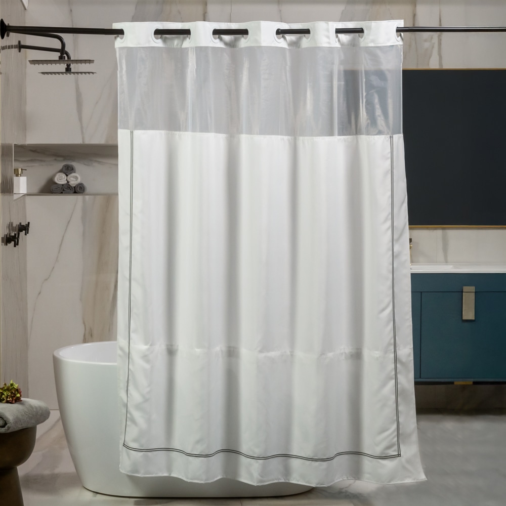 23 Threads Shower Curtain, Embroidered GRS Polyester, Hook-Free, With Window & Short Liner, White/Taupe, 71in x 74in, Case of 12 MPN:23TSC00012