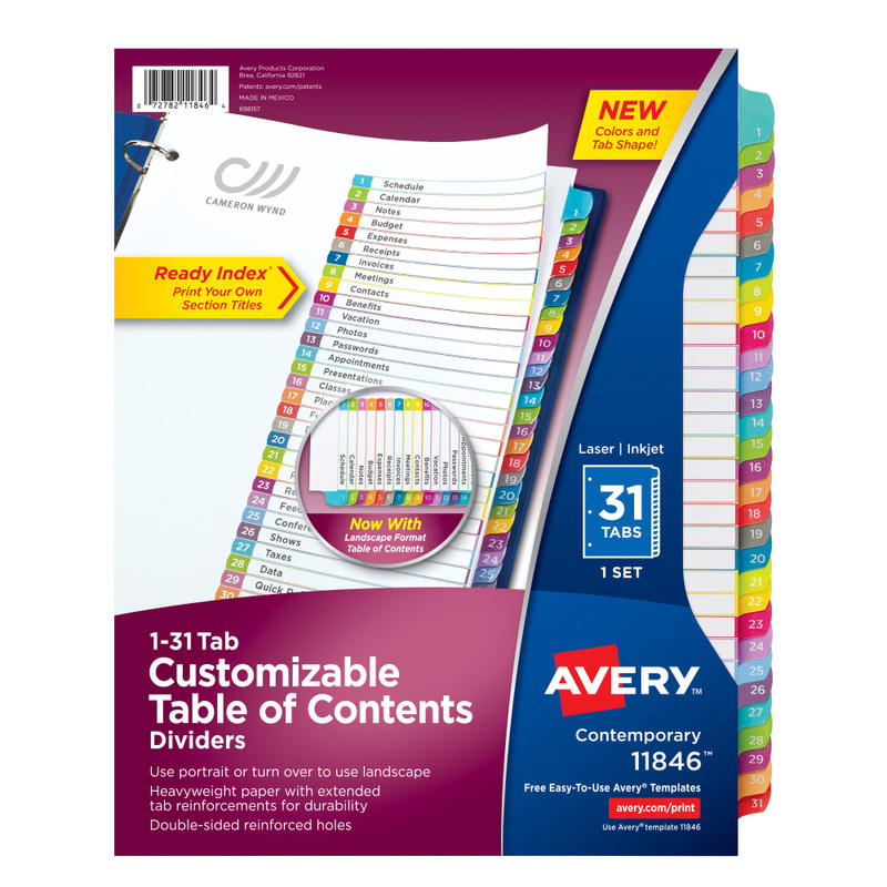 Avery Ready Index 1-31 Tab With Customizable Table Of Contents Binder Dividers, 8-1/2in x 11in, 31 Tab, White/Multicolor, 1 Set MPN:11846