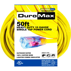 DuroMax Heavy Duty Single Tap Extension Power Cord SJTW 10 Gauge 15A 120V 50'L Yellow XPC10050A