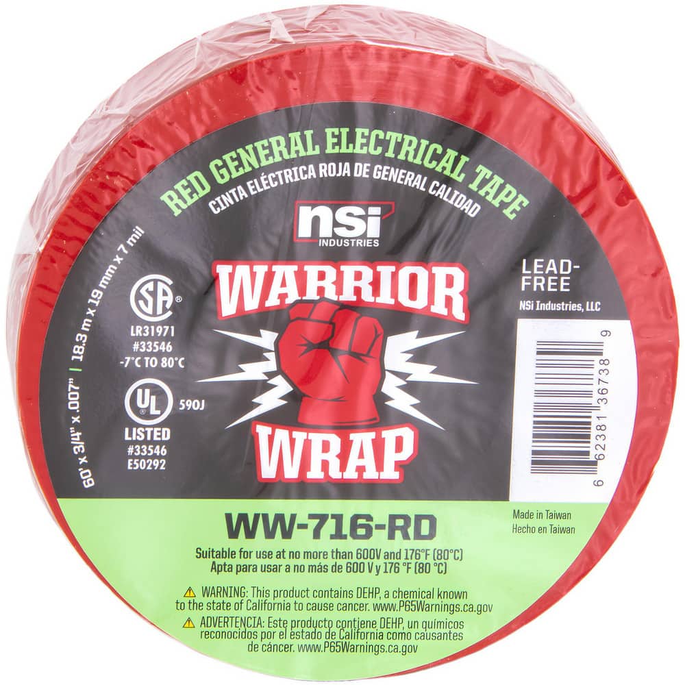Electrical Tape, Tape Material: Vinyl , Width (Inch): 3/4 , Thickness (mil): 7.0000 , Color: Red , Series: General Use  MPN:WW-716-RD