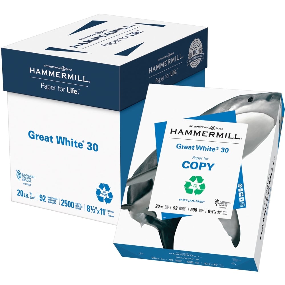 Hammermill Great White 30 Copy Paper, White, Letter (8.5in x 11in), 2500 Sheets Per Case, 20 Lb, 92 Brightness, Case Of 5 Reams MPN:HAM86710
