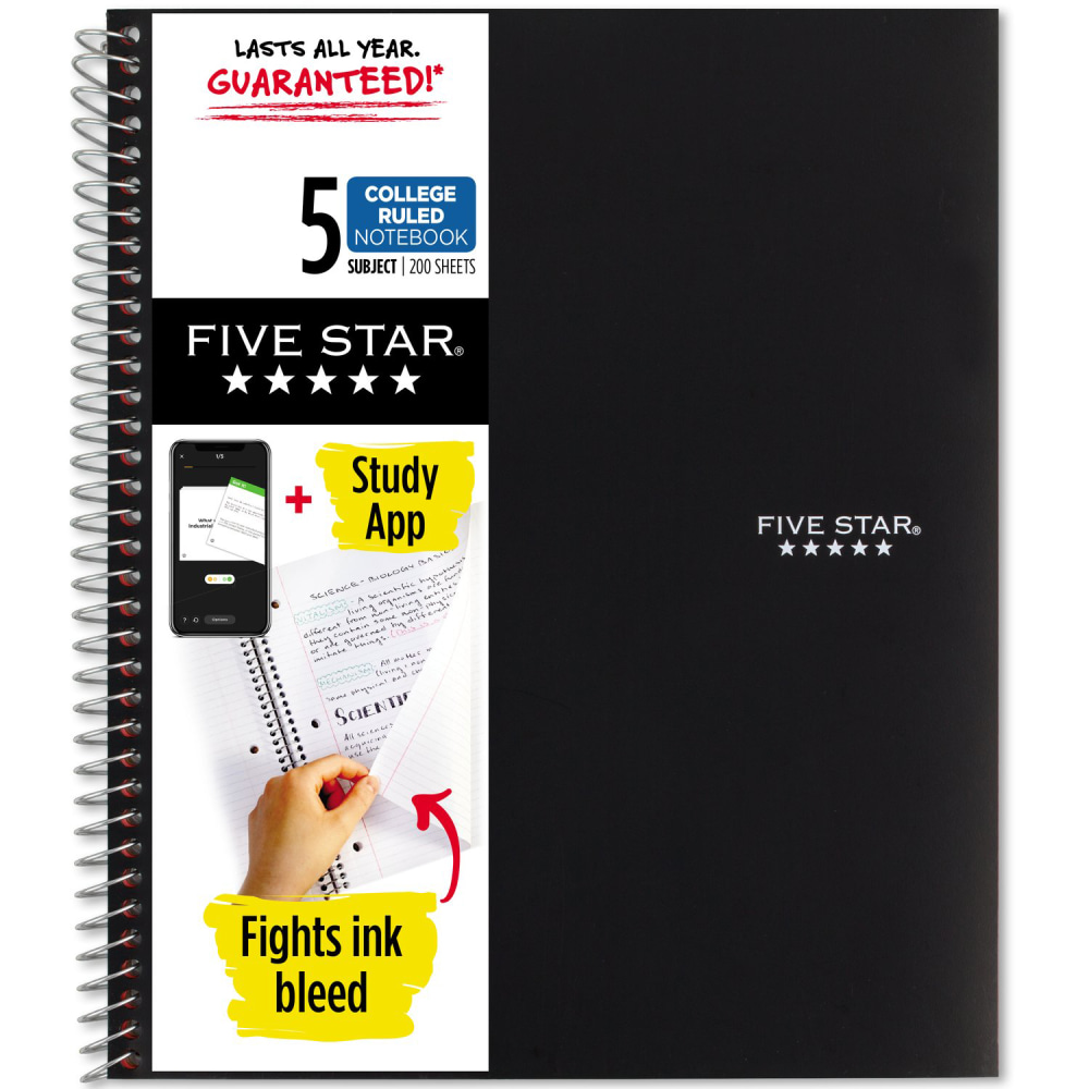 Five Star Wire-Bound Notebook, 8-1/2in x 11in, 5 Subject, College Ruled, 200 Sheets, Black MPN:72081