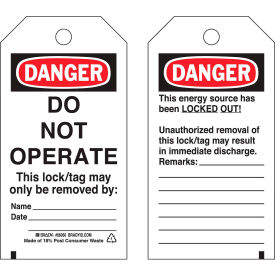 Brady® 66050 Lockout Tag- Danger Do Not Operate 2 Sided Heavy Duty Polyester 25/Pack 66050