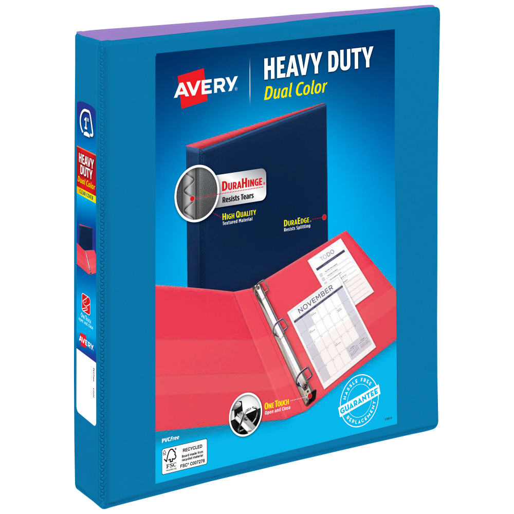 Avery 3-Ring Dual Color Heavy-Duty View Binder, 1in Slant Rings, 49% Recycled, Pool Blue/Lavender MPN:79899
