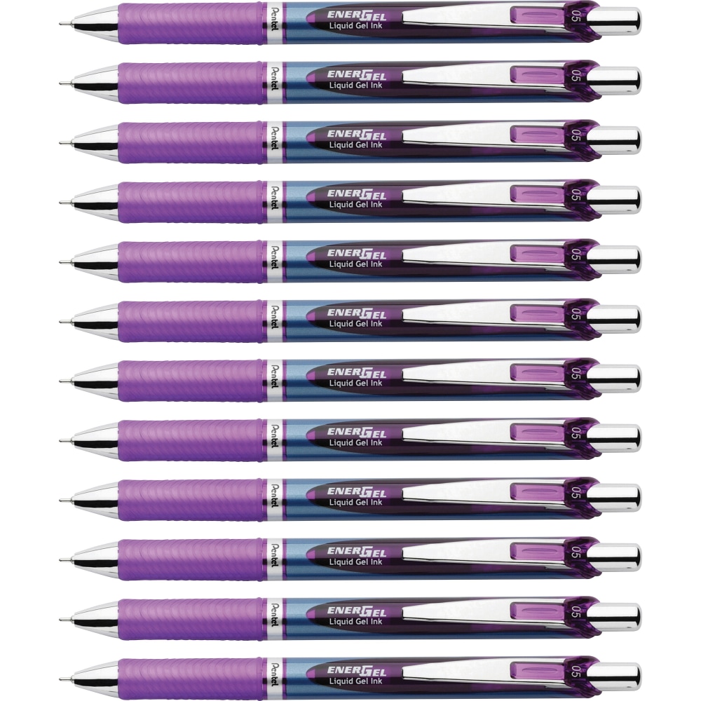Pentel EnerGel RTX Liquid Gel Pens, Pack Of 12, Fine Point, 0.5 mm, Blue Stainless Steel Barrel, Violet Ink MPN:BLN75VDZ
