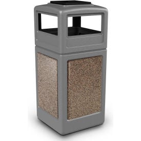 PolyTec™ Square Waste Container w/Ashtray Lid Gray w/Riverstone Stone Panels 42-Gallon 720545K