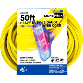 DuroMax Heavy Duty Triple Tap Extension Power Cord SJTW 12 Gauge 15A 120V 50'L Yellow XPC12050C