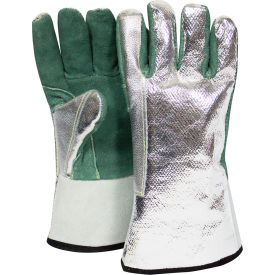 National Safety Apparel® Aluminized Leather Glove OPF Back Aluminized/Green Regular DJXGSP382