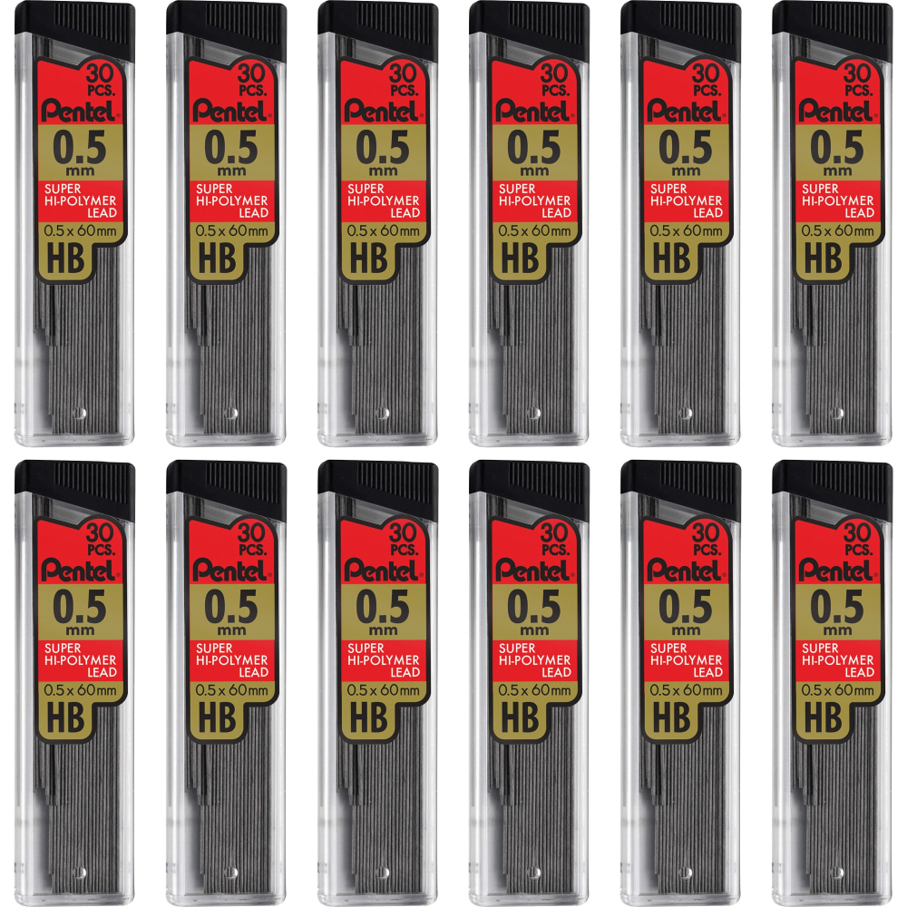 Pentel Super Hi-Polymer Leads - 0.5 mm, Fine Point - HB - Black Lead - 30/Tube - 12 / Box MPN:C25HBBX