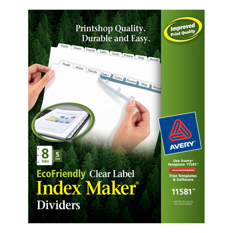 Avery EcoFriendly Index Maker Clear Label Dividers, 8 1/2in x 11in, White, 8 Tabs Per Set, 5 Sets Per Pack MPN:11581