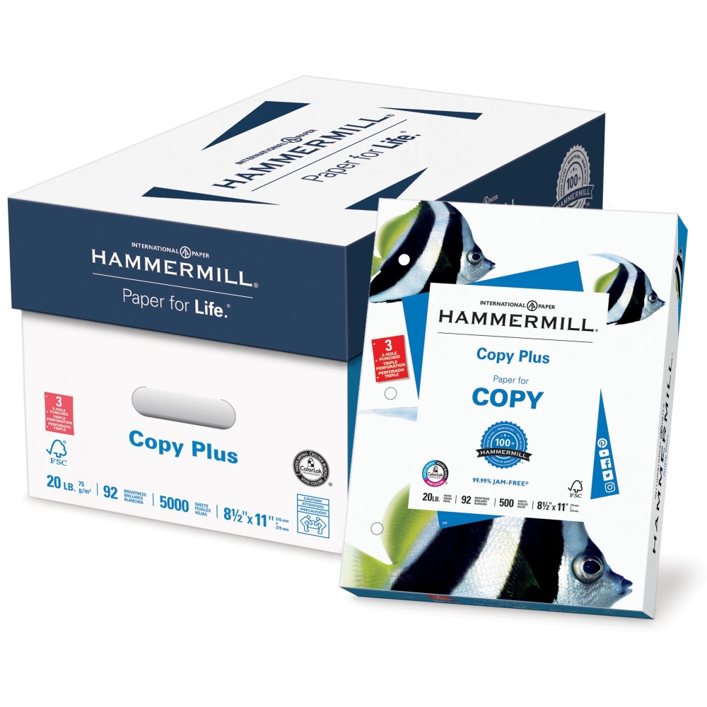 Hammermill Copy Plus 3-Hole Punched Multi-Use Printer & Copy Paper, White, Letter (8.5in x 11in), 5000 Sheets Per Case, 20 Lb, 92 Brightness MPN:HAM105031CT